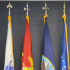 Various veteran flags are displayed in the Veterans Center, honoring those who served in the United States military.