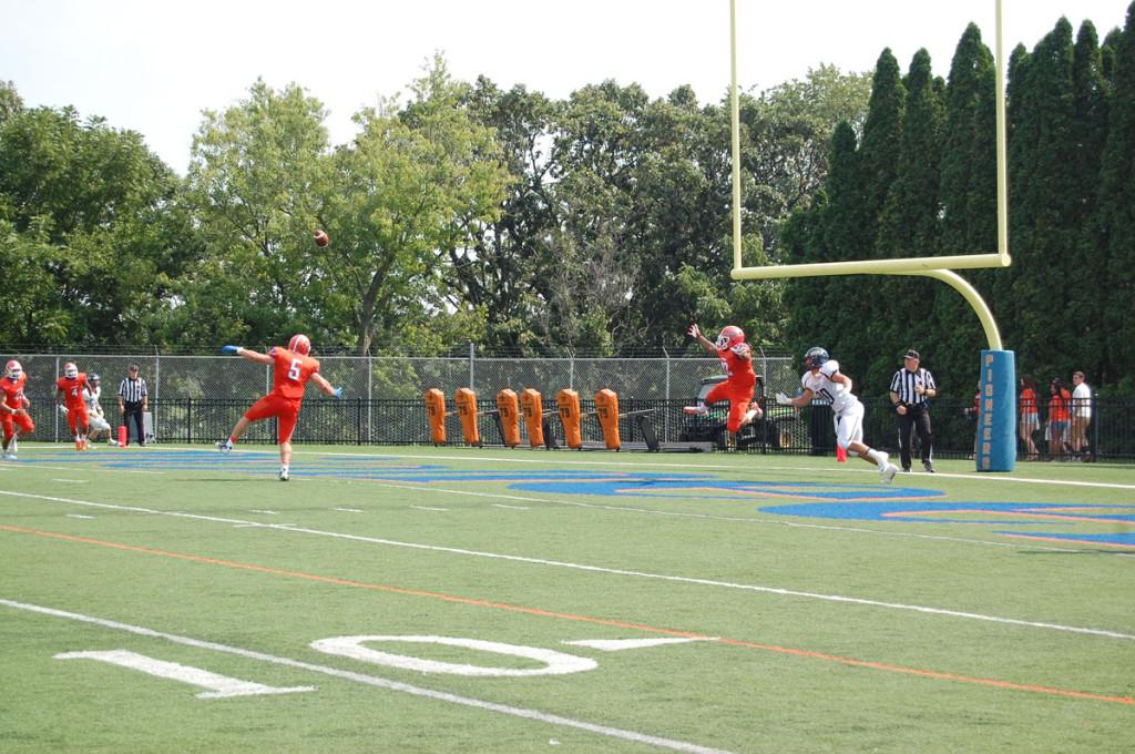 Linebacker Jacob Zilbar (5) tips a pass in the third quarter of the Pioneers’ win over Buena Vista University Sept. 7. 