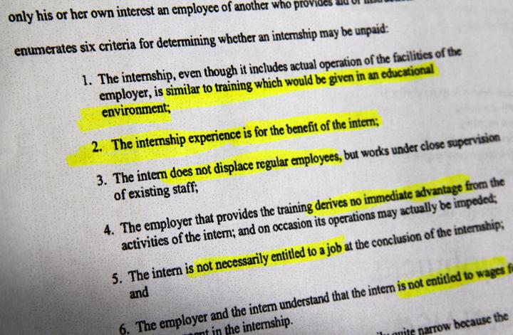 The Fox Searchlight decision cites the Department of Labors six criteria defining a proper unpaid internship.