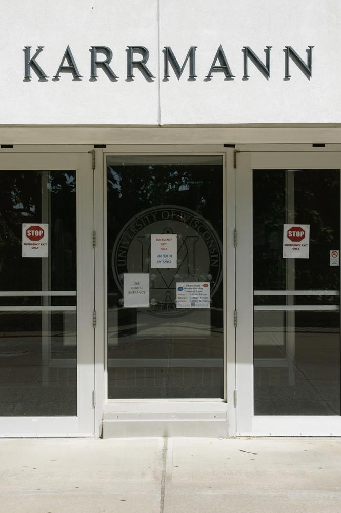 The south doors of Karrmann Library are currently off-limits to students.