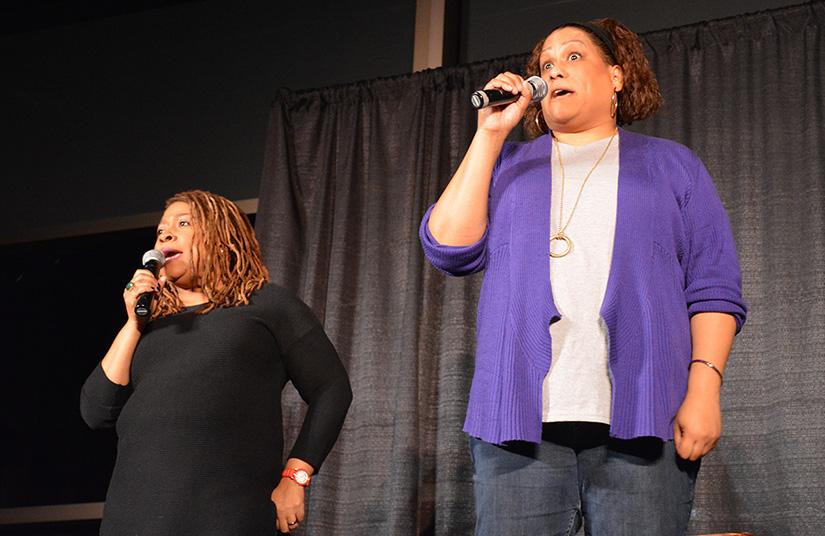 Frances Callier and Angela V. Shelton A.K.A. Frangela perfroming  their comedy routine for UW-Platteville students.