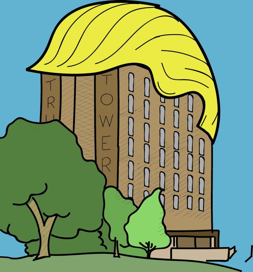 Newly+renamed+Trump+Tower+gets+a+Donald+Trump+makeover.+A+toupee+is+one+of+the+additions%2C+which+will+help+to+model+the+tower+after+its+benefactor.+Trump+chose+to+renovate+the+tower+over+other+buildings+due+to+its+size+and+it%E2%80%99s+iconicness+to+UW-Platteville.+