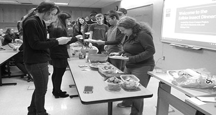 Students enjoy the variety of insect foods available at insect Thansgiving held by the Green Campus Project, Biology Club and Agricultural Business Club.