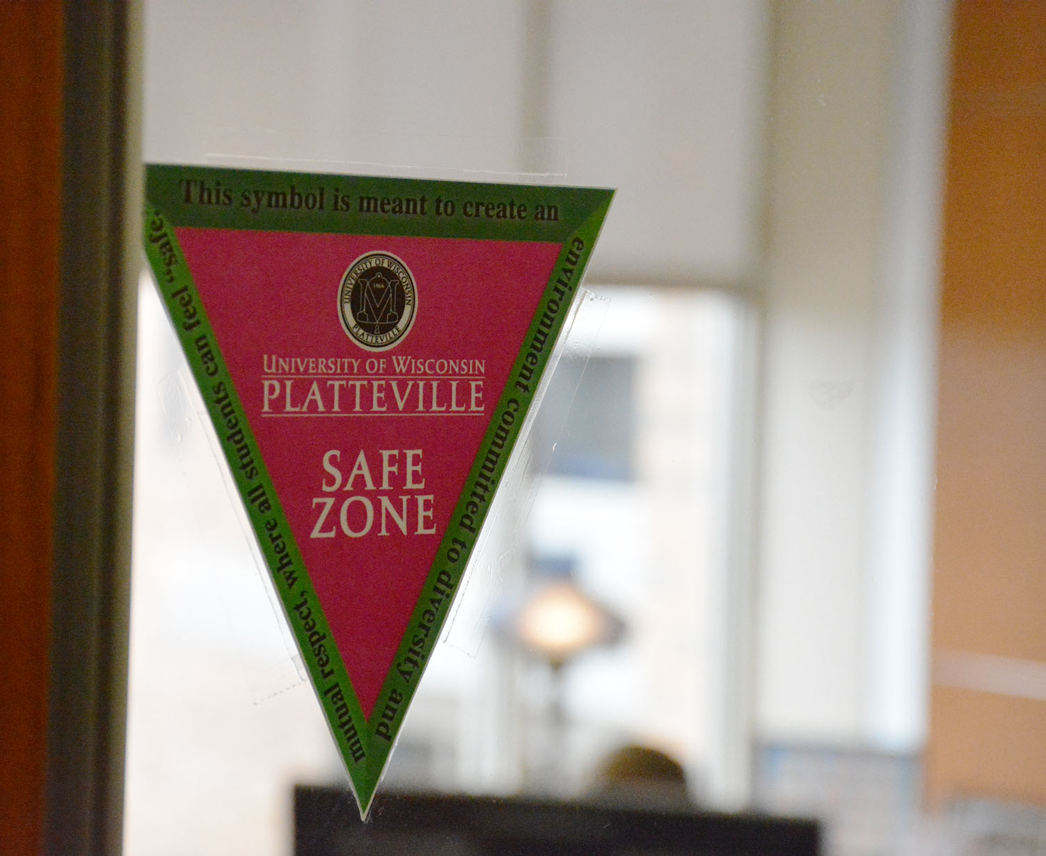 Safe zone triangles can be found across the UW-Platteville’s campus, including the Markee Pioneer Student Center.