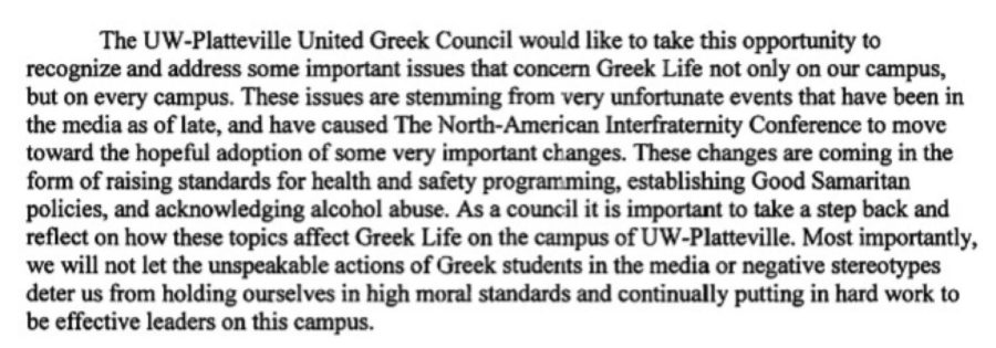 An excerpt of the letter that the United Greek Council sent to Chancellor Dennis Shields. 