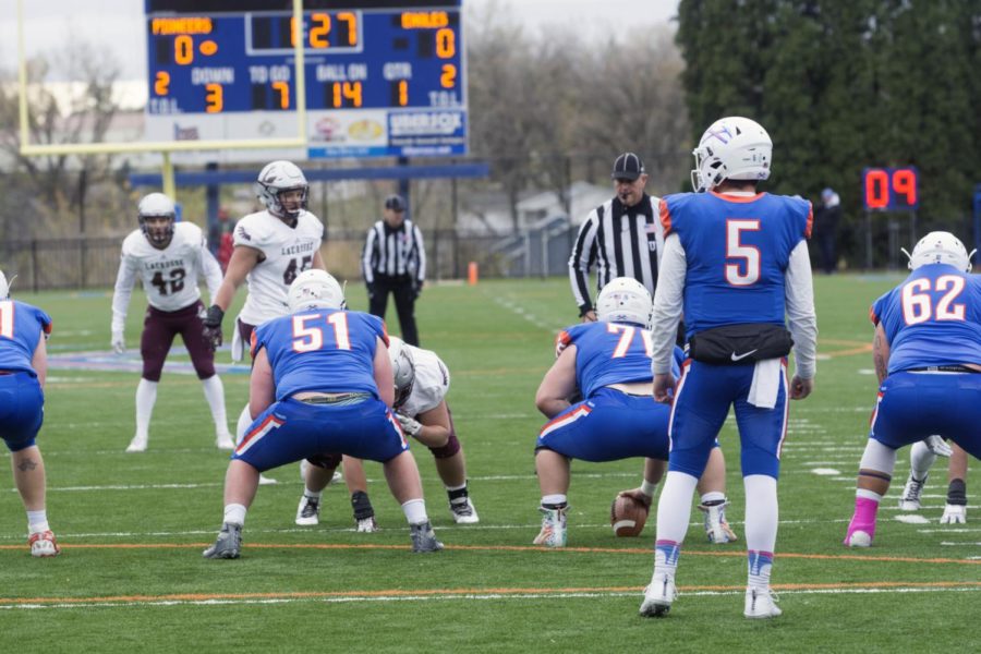 The Pioneers drove downfield in the first quarter of the game against  the Eagles.
