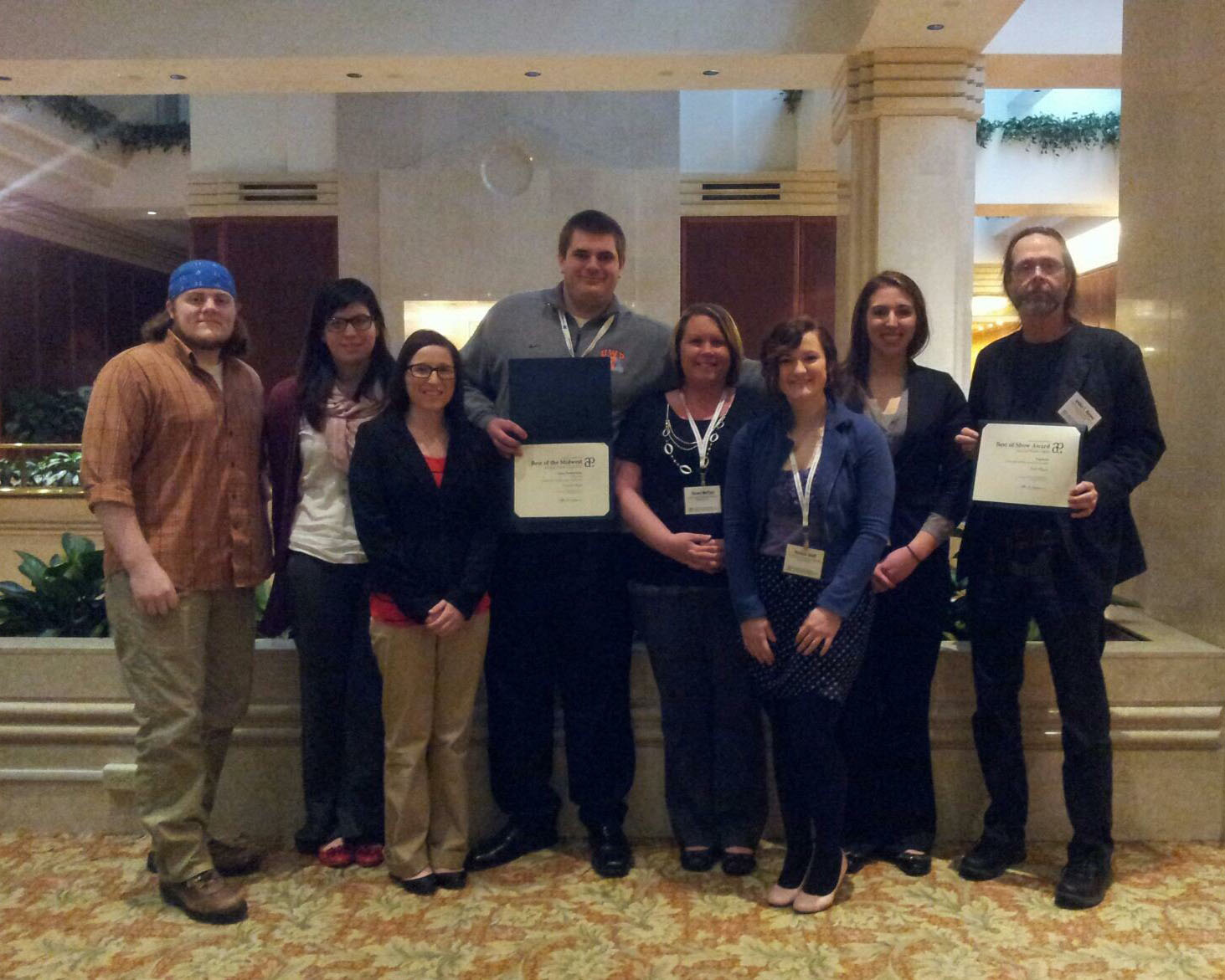 Exponent editorial staff accept Best of Show award at the 2013 Best of the Midwest student newspaper convention in Minneapolis, Minnesota.