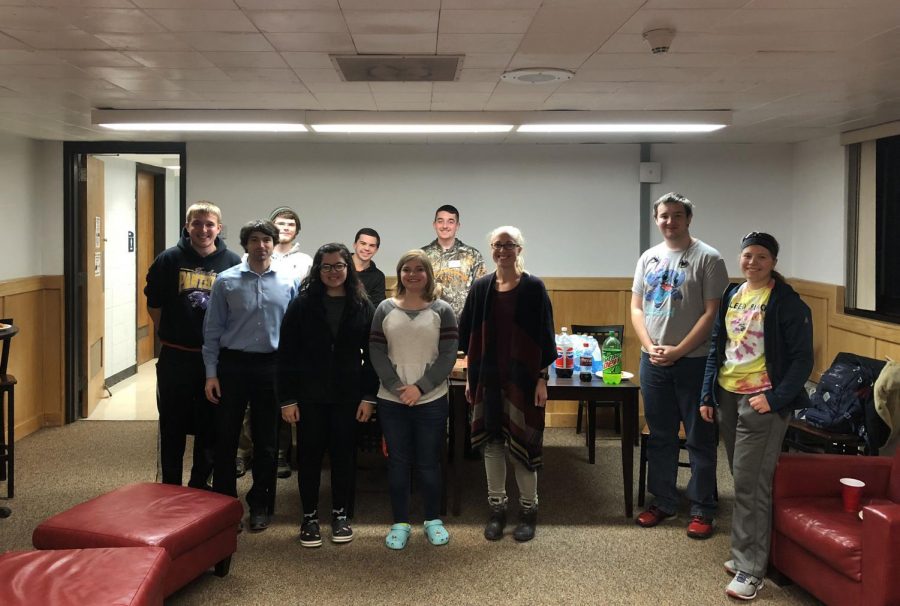 Pizza party with professors in Pickard Hall