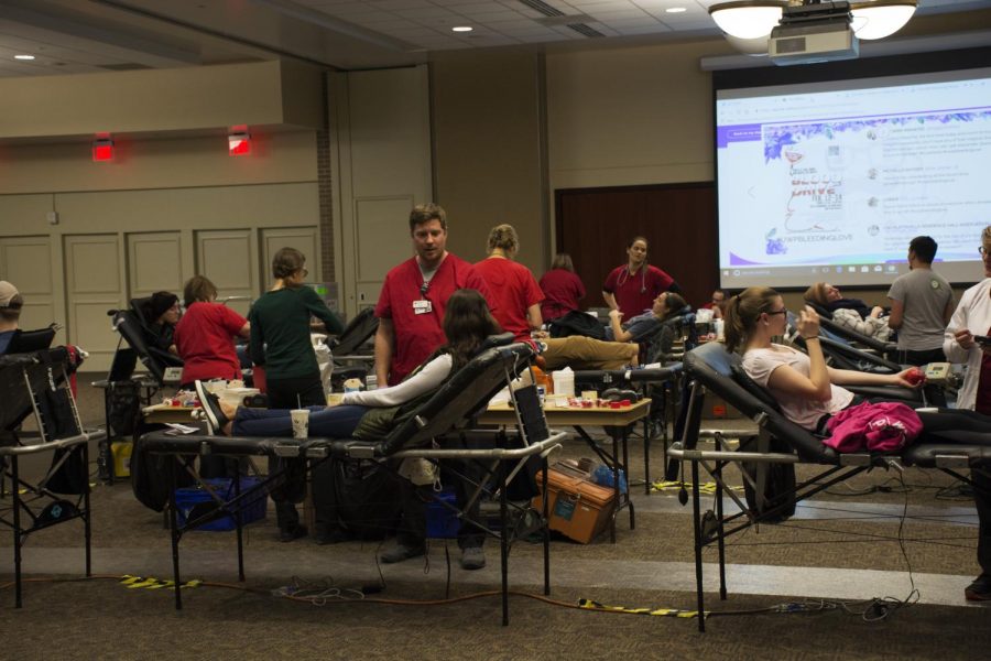 Jacob Thomas photo
 University of Wisconsin-Platteville students pictured in Velzy Commons giving blood last week.